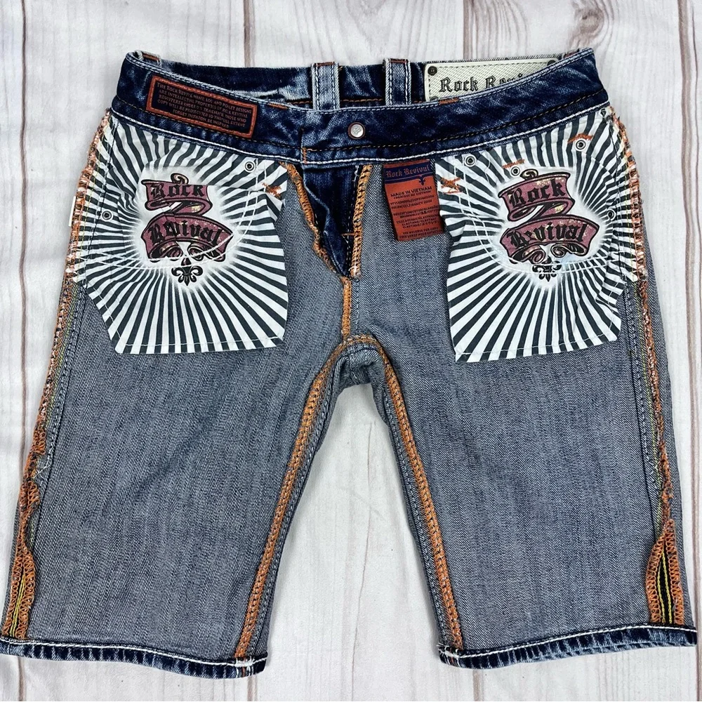Rock Revival Nancy Bermuda Stretch Denim Shorts Distressed Blue Sz 25